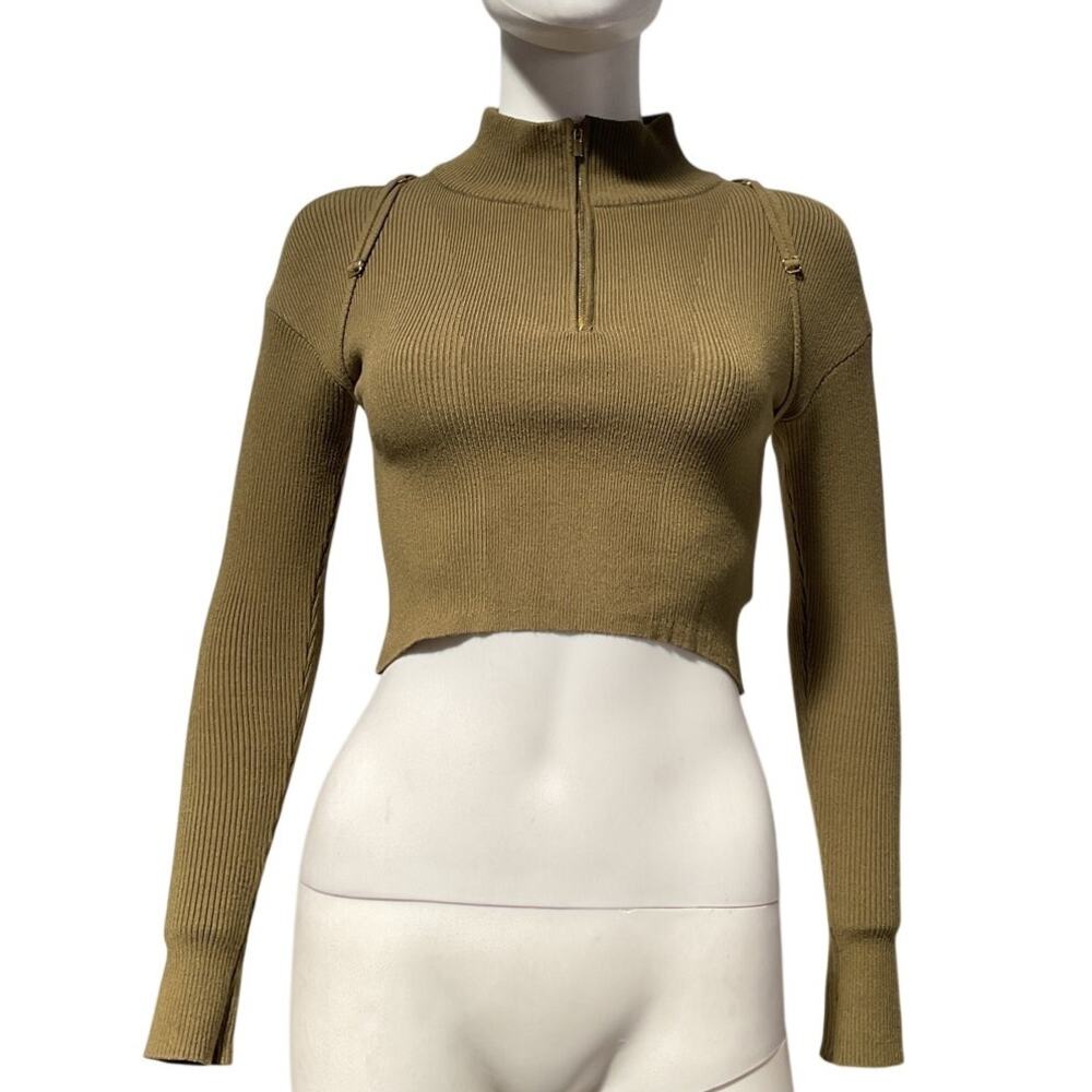 Jacquemus Ribbed Green Mock Neck Quarter Zip Crop Top Size 34 EU / US 2